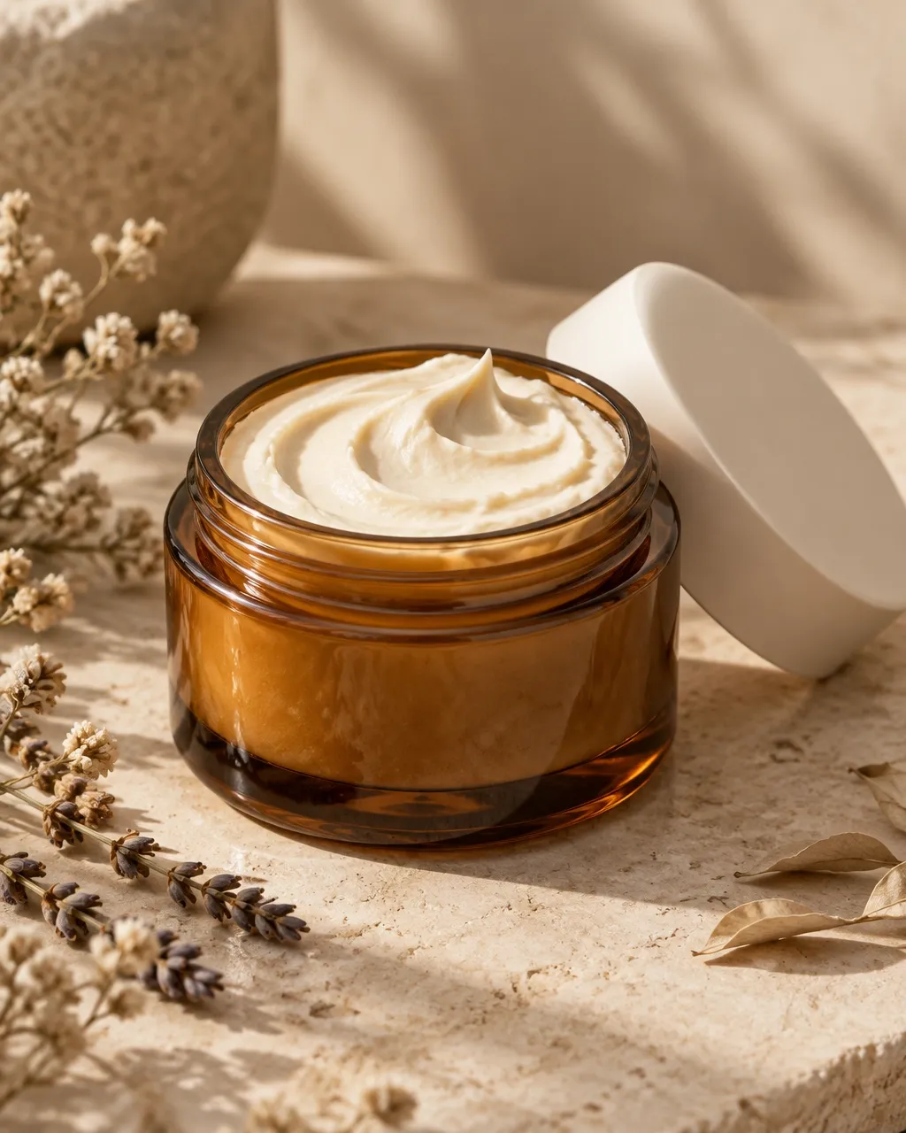 Amber body butter jar with a swirl of cream on a warm stone surface