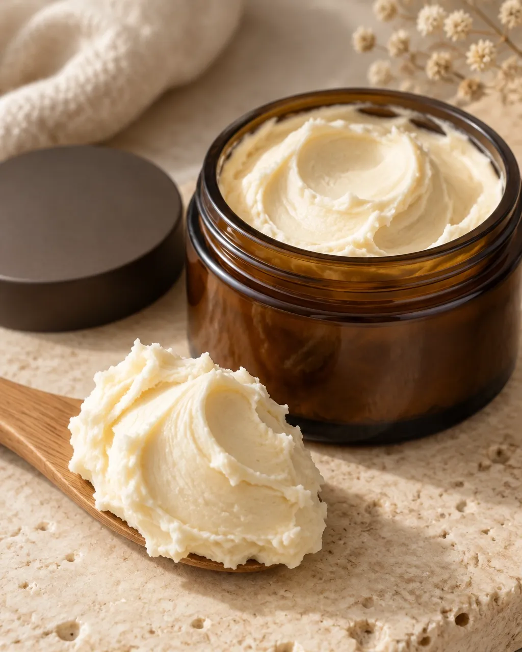 Whipped body butter on a wooden spatula beside an open amber jar